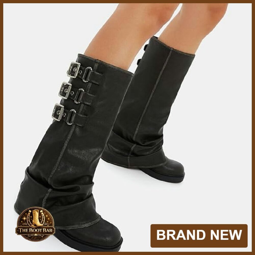 Women's Knee High Boots Slouchy Pull On Chunky Heel Platform Casual - Picture 2 of 7